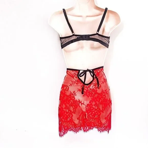 Lacey Red Sweetheart Chemise & Sheer Thigh Highs Sz L - Picture 4 of 14
